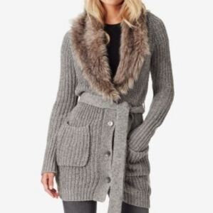 Jessica Simpson grey faux fur knit cardigan duster sweater sz Medium